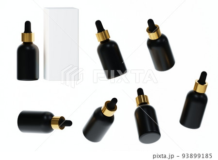 Seven different views of glossy white plastic serum bottle with cap 3D render, cosmetic product packaging isolated on white background 93899185
