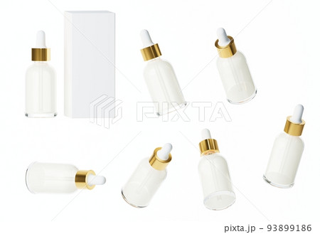 Seven different views of glossy white plastic serum bottle with cap 3D render, cosmetic product packaging isolated on white background 93899186