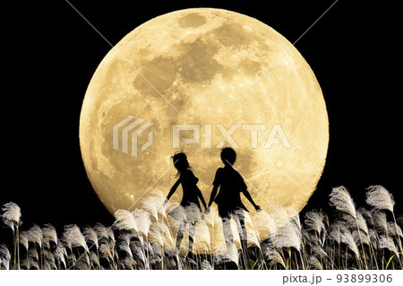 お月見に来たカップルのシルエット。秋の夜のイメージ。中秋の名月とススキと若いカップル。 93899306