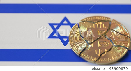 Broken bitcoin on the flag of Israel. Legal issues and cryptocurrency regulations problems concepts, 3d rendering Broken bitcoin on the flag of Israel. Legal issues and cryptocurrency regulations problems concepts, 3d rendering 93900879