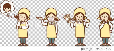 A set illustration of a woman in an apron. Think, child, guide, secret. 93902699