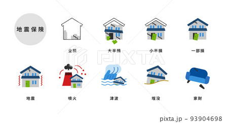 地震保険の家の被害のフラットなカラーのアイコンセット 地震保険の家の被害のフラットなカラーのアイコンセット 93904698