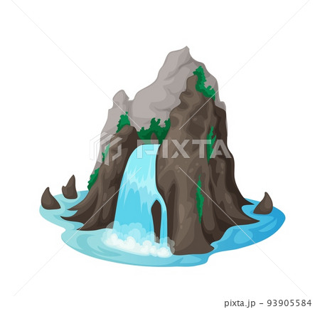Isolated river water cascade, cartoon mountain waterfall. Falling from cliff blue aqua cascade. Natural water waterfall game asset or travel vector background with mountain peak, moss on rocks 93905584