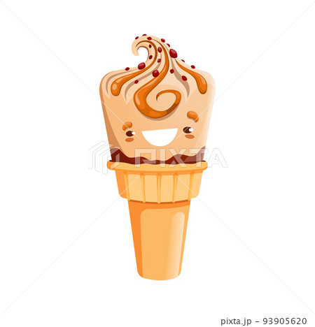 Cartoon ice cream dessert character. Kawaii waffle cone personage with chocolate, topping and crushed nuts. Isolated vector smiling funny ice cream, summer refreshment snack in waffle cone 93905620