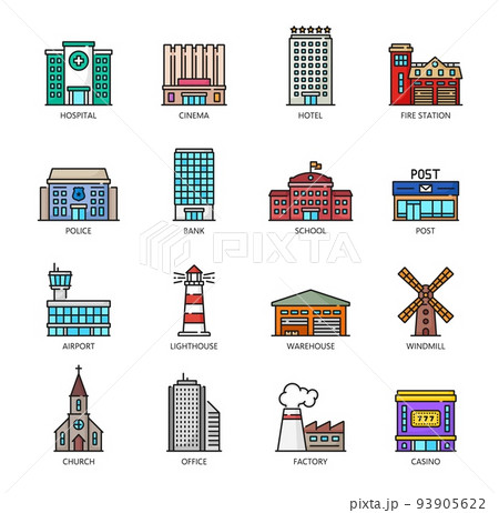 City buildings outline icons. Town commercial real estate, city official buildings, urban architecture vector icons. Factory, office and church, windmill, warehouse and airport, school, bank, police 93905622