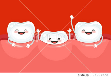 Teeth grow funny characters, tooth in dental gum, dentistry. Cartoon baby milk tooth growing or kids first teeth happy vector characters, dentist poster for mouth care and orthodontics 93905628