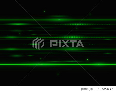 Green laser beam lights. Vector horizontal lens flare lines. Glowing rays on black background. Luminous abstract sparkling streaks, energy motion, magic burst, security technology 93905637