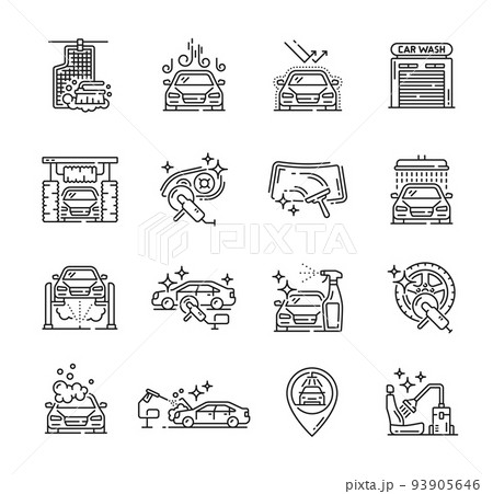 Car care icons, car wash service or wax polish, carwash vector outline symbols. Car care line icons of automobile varnishing, scratch restoration, vehicle refurbish and maintenance service 93905646