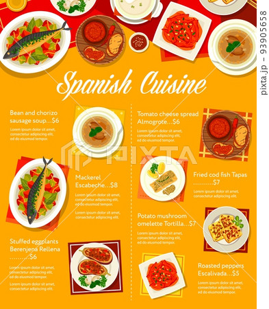 Spanish cuisine meals menu template. Potato mushroom omelette, cod fish Tapas and Berenjena Rellena, roasted peppers, bean and chorizo sausage soup and mackerel Escabeche, Almogrote, Sopa de Ajo soup 93905658