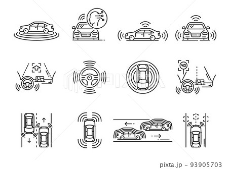 Driverless car and vehicle icons of self driving automobile, vector future technology. Self driving car or driverless vehicle linear icons, automatic transport system of road traffic smart sensors 93905703