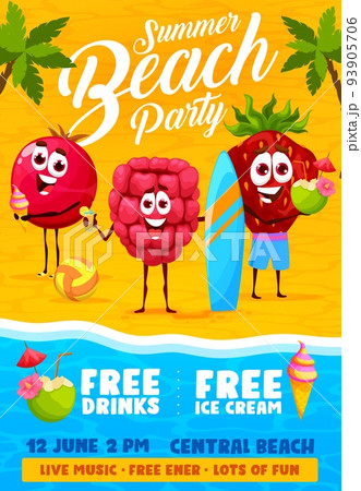Summer beach party flyer. Cartoon berry characters on tropical resort. Vector flyer with funny cranberry, raspberry and strawberry personages with cocktail, surf board and ball at seaside 93905706