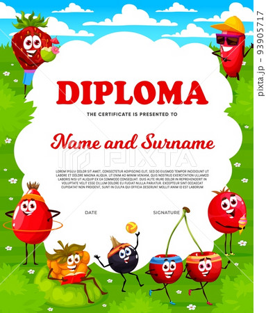 Cartoon berry characters green meadow. Kids diploma. Education achievement award document, school certificate vector diploma with strawberry, rosehip and cherry, currant and cloudberry personages 93905717