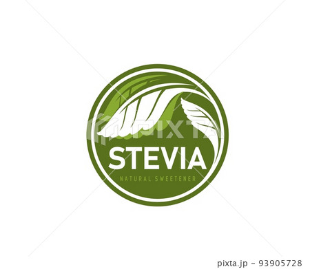 Stevia leaves icon. Natural food sweetener round sticker or stamp, stevia product vector label. Healthy and eco product or supplement, stevia leaves extract sweetener icon or tag 93905728