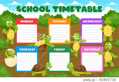 Education timetable schedule with cartoon turtles, cheerful tortoise animal characters. Educational vector school timetable template with funny reptile personages. Kids lessons weekly planner frame 93905736