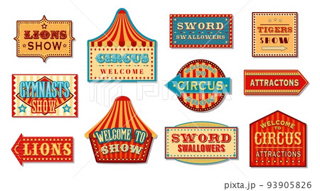 Circus signs and carnival signboards to show tickets booth, vector arrows. Funfair carnival direction banners and shapito fun fair attractions pointer signage or signboards with marquee and stars 93905826