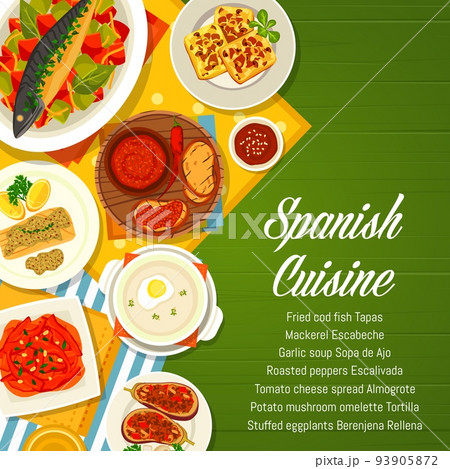 Spanish cuisine menu cover design template. Fried cod fish, mackerel Escabeche and Tortilla, roasted peppers, stuffed eggplants Berenjena Rellena and cheese spread Almogrote, garlic soup Sopa de Ajo 93905872