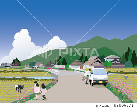 田舎の農村風景とコスモス 93906572