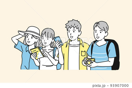 旅行を楽しむ若者の男女　観光客　夏休み　イラスト 93907000