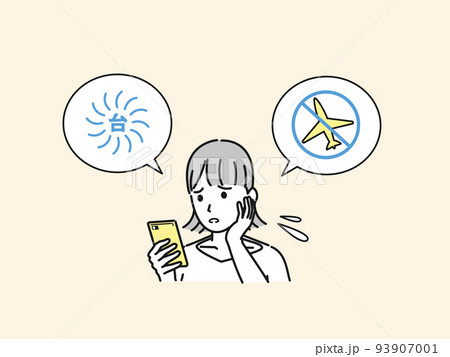 欠航　飛行機に乗れない　台風の影響に困る若い女性　旅行　トラブル　イラスト 93907001