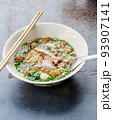 Noodles with pork and pork balls with soup Thai style. 93907141