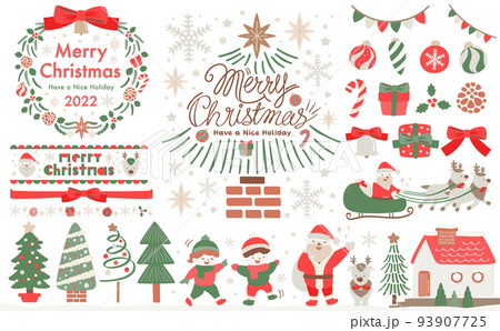 クリスマスのナチュラルで可愛いフレームとイラストのセット_赤 93907725