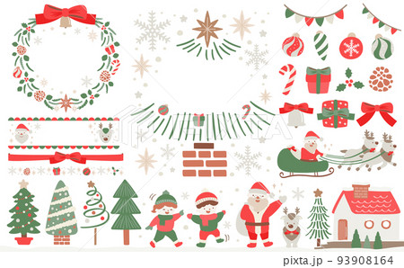クリスマスのナチュラルで可愛いフレームとイラストのセット_赤_文字なし 93908164