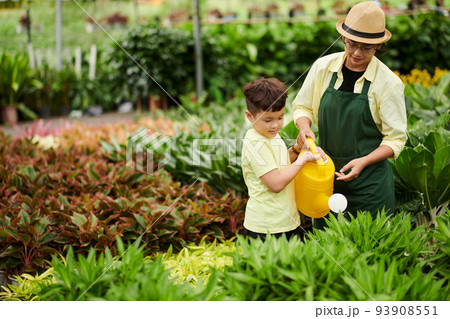 Little boy watering plants in outdoors shop under control of his mother Little boy watering plants in outdoors shop under control of his mother 93908551