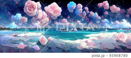 幻想的な世界観と神秘的な海と空と光が印象的なイラスト 93908780