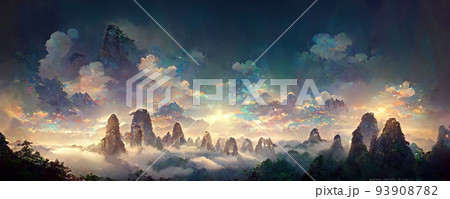 幻想的な世界観と神秘的な山並みと光が印象的なイラストのイラスト素材 幻想的な世界観と神秘的な山並みと光が印象的なイラストのイラスト素材