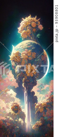 幻想的な世界観と神秘的な空と植物と光が印象的なイラスト 幻想的な世界観と神秘的な空と植物と光が印象的なイラスト 93908801