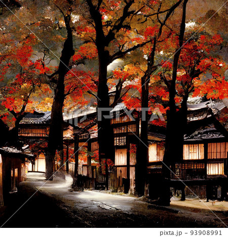 古い京都のような街並みの夜景　紅葉の季節　ファンタジーの世界「AI生成画像」 93908991