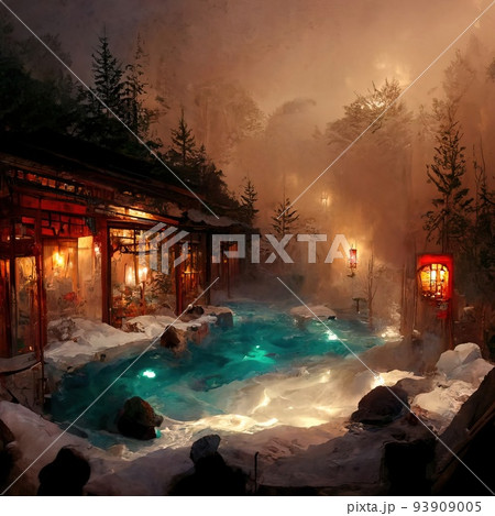 幻想的な世界観と温泉の風景と夜の光が印象的なイラスト 93909005