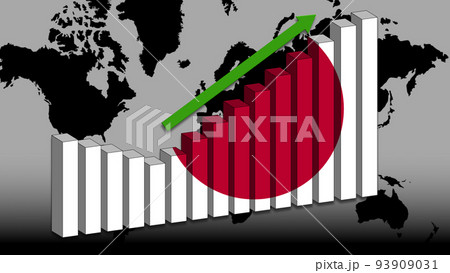 Japanese economy goes up, economic indicators are good. The state flag on a rising graph. In the background a world map 93909031