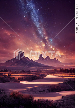Illustration a beautiful milky way star and green aurora dancing over the mountain. 93909156