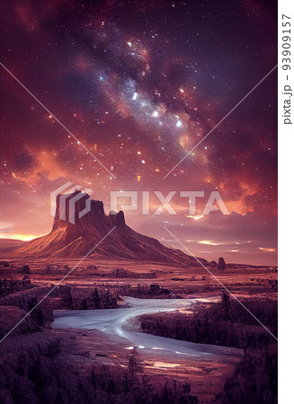 Illustration a beautiful milky way star and green aurora dancing over the mountain. 93909157