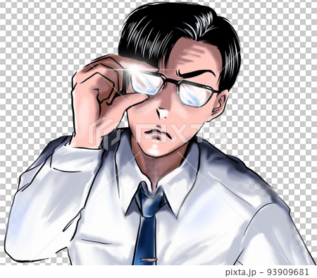 一位身穿西裝、打著領帶的黑髮眼鏡辦公室工作人員的彩色卡通畫，看上去可疑 93909681