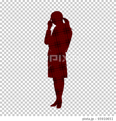 悩むビジネスウーマンのシルエットイラスト　チェック柄 93910651