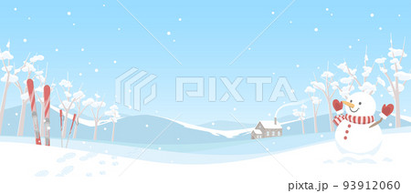 冬の風景の背景イラスト 雪景色と雪だるま 冬の風景の背景イラスト 雪景色と雪だるま 93912060