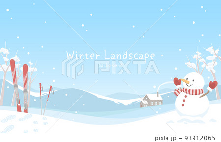 冬の風景の背景イラスト 雪景色と雪だるま 冬の風景の背景イラスト 雪景色と雪だるま 93912065
