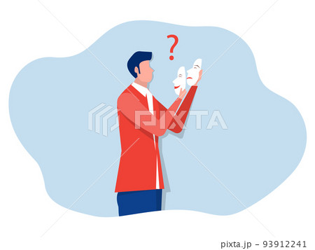 Imposter syndrome; masks with happy or sad expressions.Bipolar disorder; fake faces and emotions. Psychology; false behavior or deceiver.vector illustrator 93912241