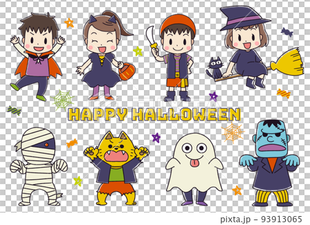 Illustration of children in Halloween costumes and monsters with lines 93913065