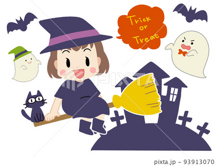 ハロウィン・魔女の仮装をした子供とオバケのイラスト 93913070
