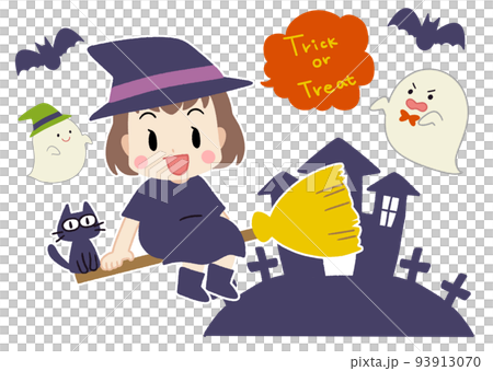 ハロウィン・魔女の仮装をした子供とオバケのイラスト 93913070