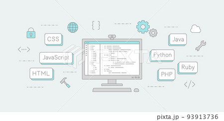 webプログラミングのコンセプトイラスト、フロントエンド・バックエンド・フルスタック開発のイメージ図 93913736