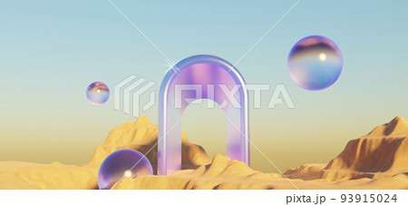 Abstract Dune cliff sand with metallic Arches and clean blue sky. Surreal minimal Desert natural landscape background. Scene of Desert with glossy metallic arches geometric design. 3D Render. Abstract Dune cliff sand with metallic Arches and clean blue sky. Surreal minimal Desert natural landscape background. Scene of Desert with glossy metallic arches geometric design. 3D Render. 93915024