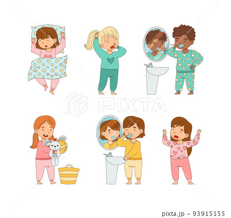 Cute Little Children Getting Ready to Bedtime Brushing Teeth, Yawning and Sleeping in Bed Vector Set Cute Little Children Getting Ready to Bedtime Brushing Teeth, Yawning and Sleeping in Bed Vector Set 93915155