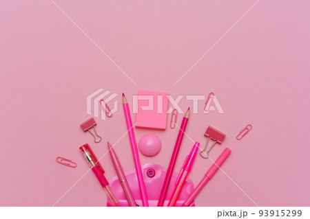 Stationery colorful writing supplies pens pencils, back to school concept. 93915299