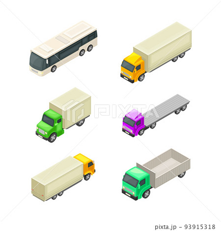 Truck, Lorry and Bus as Motor Vehicle and Urban Transport Isometric Vector Set 93915318