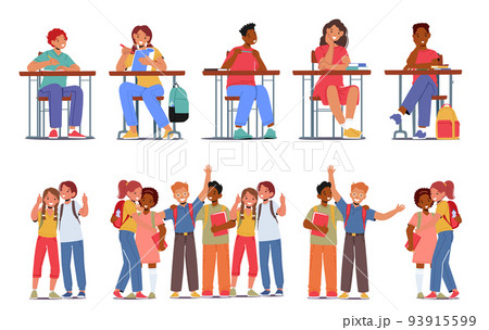 Set of Students, Back to School Concept with Pupils Boys or Girls with Backpacks and Textbooks Stand in Row and Learning Sitting at Desks. Happy Children 93915599