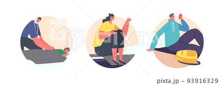 Volunteers Help Refugees in Shelter Isolated Round Icons or Avatars. Characters Sitting on Cots and Floor Mats Get Care Volunteers Help Refugees in Shelter Isolated Round Icons or Avatars. Characters Sitting on Cots and Floor Mats Get Care 93916329